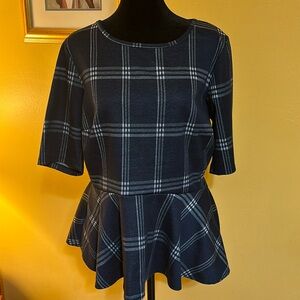 Ashley Stewart size 10/12 ruffles bottom blue and white short sleeve top